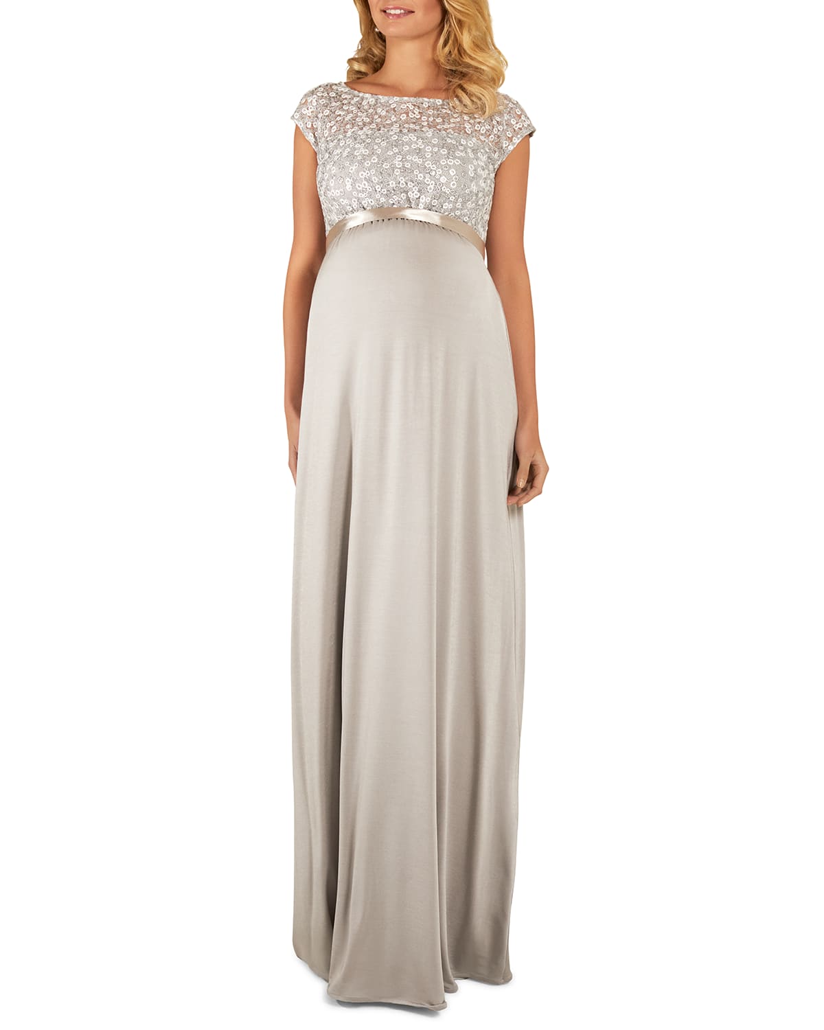 Shop Tiffany Rose Maternity Mia Cap-sleeve Gown With Sequin Bodice & Full-length Skirt In Silver