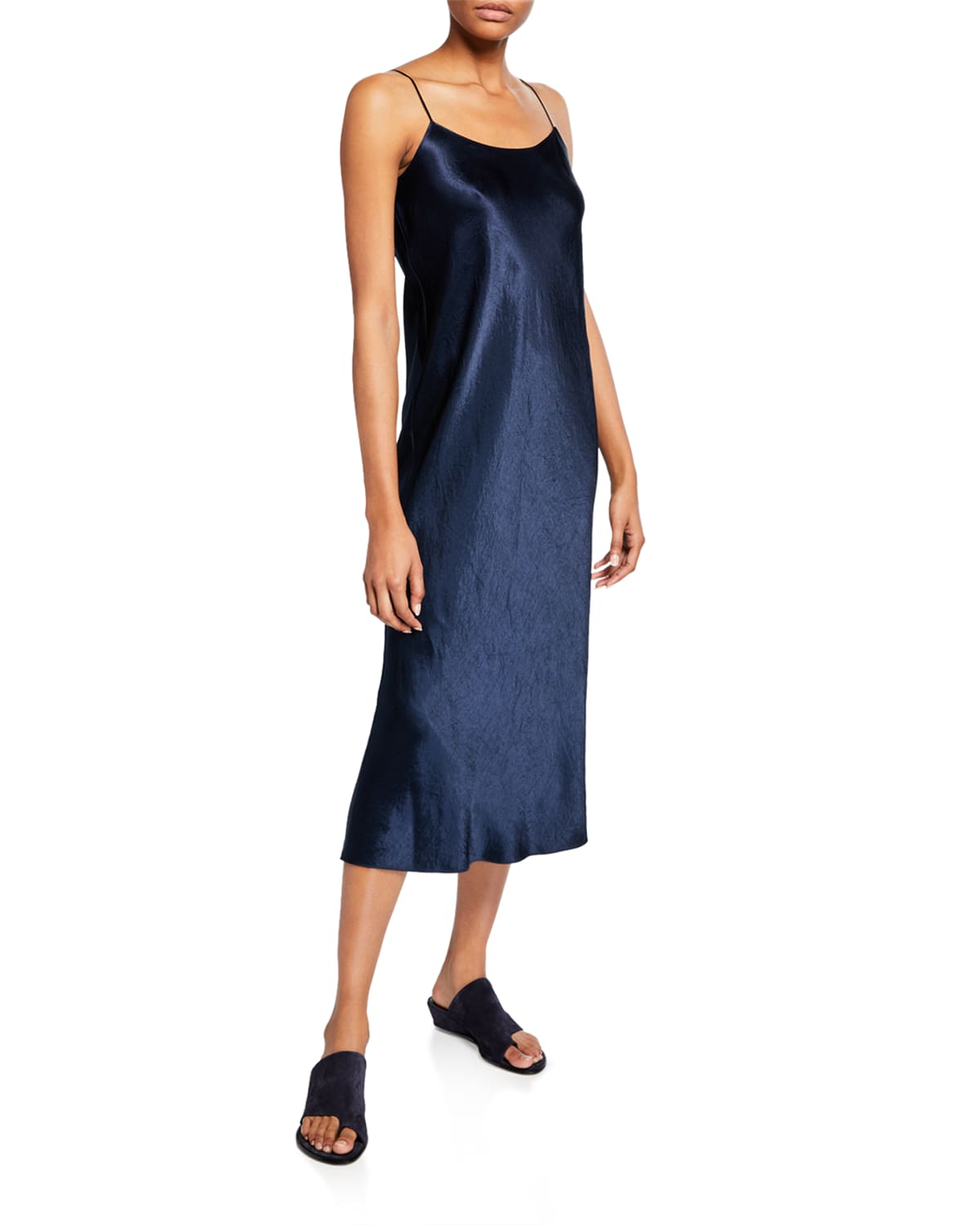 Vince Satin Midi Slip Dress In Blue
