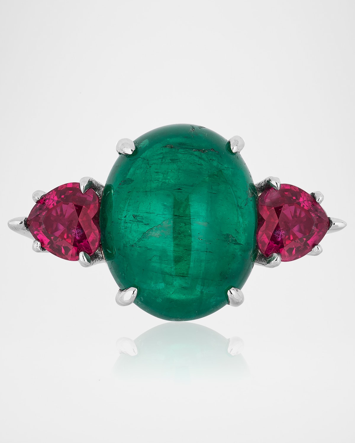 Platinum Cabochon Colombian Emerald and Ruby Heart Ring, Size 6.5
