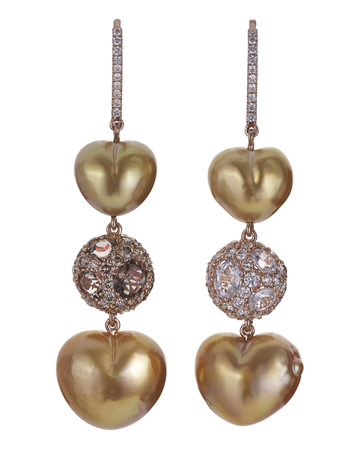 Margot McKinney Jewelry 18k Rose Gold Heart-Pearl Drop Earrings w/ Diamonds & Pearls