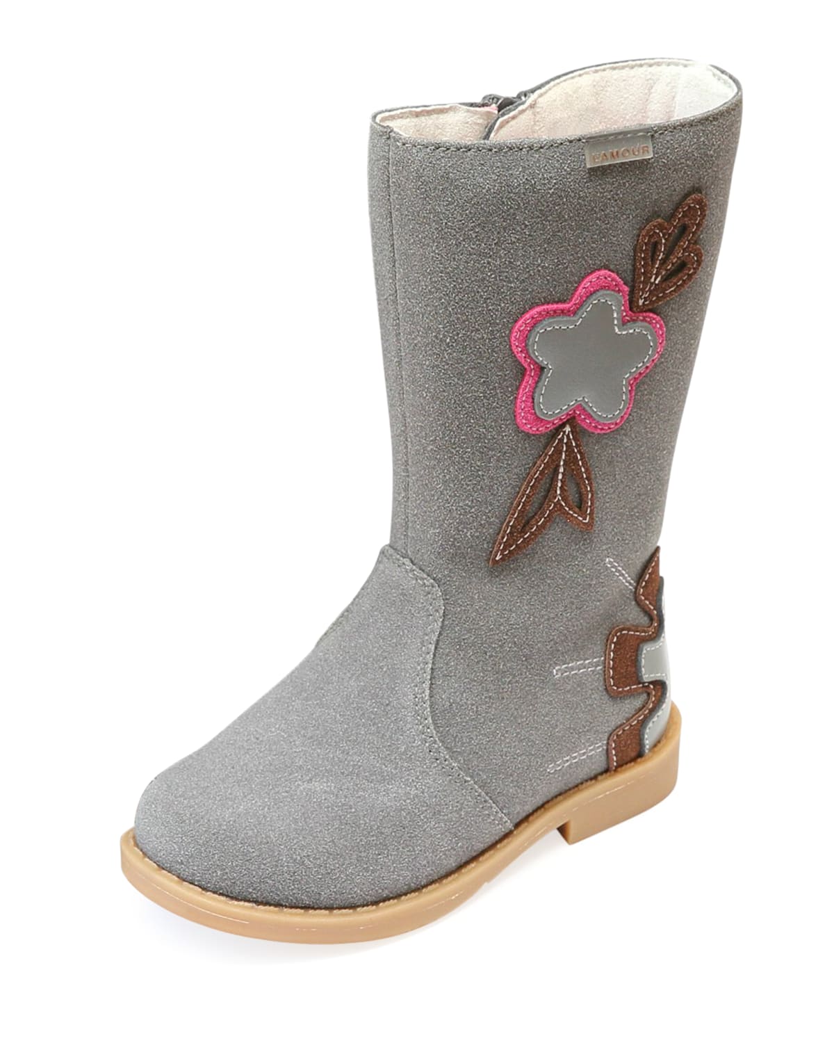 L'amour Shoes Fiore Tall Fashion Boot W/ Stitch Flowers, Baby/toddler/kids In Grey