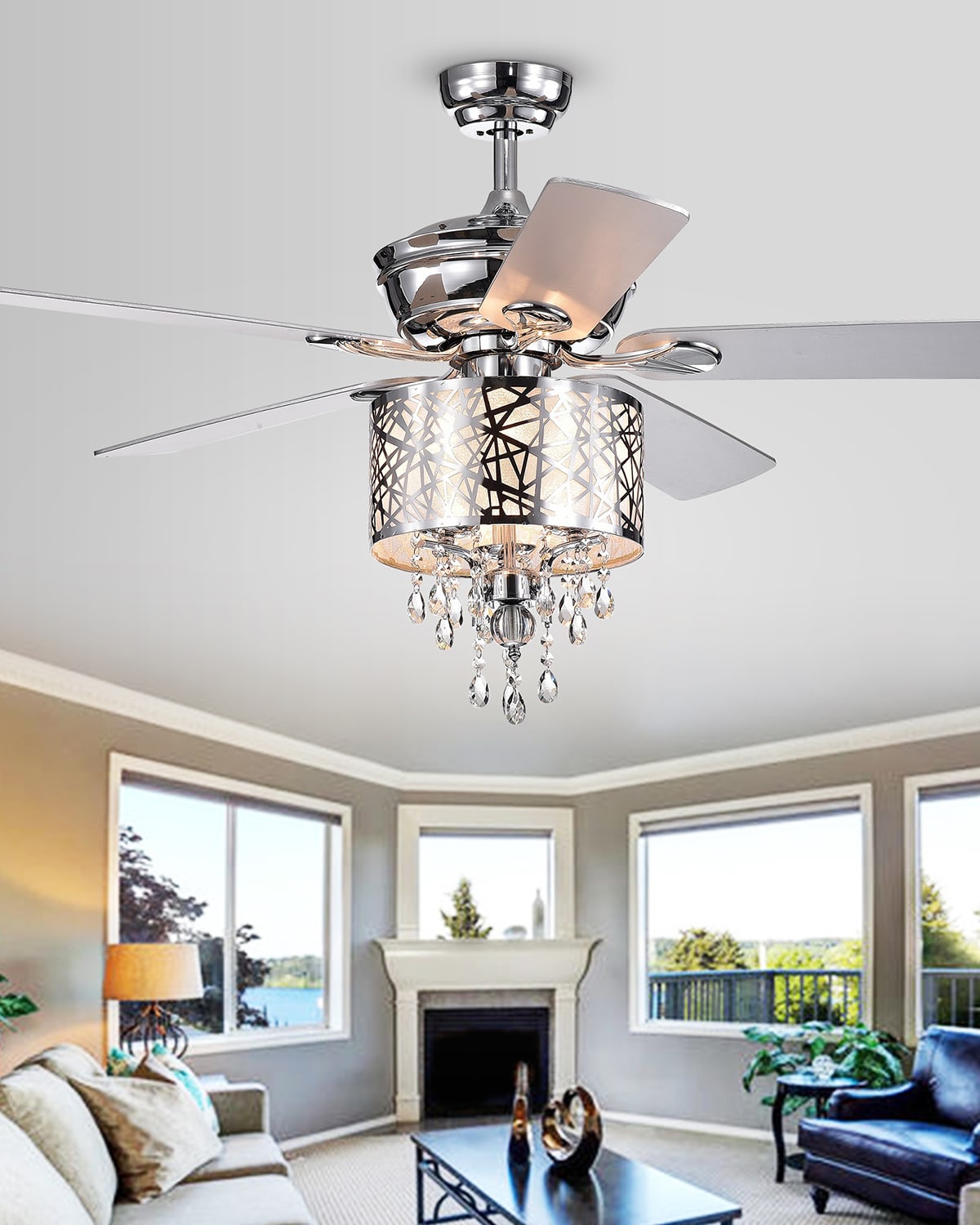 Home Accessories Chrome Tiered Crystal Chandelier Ceiling Fan In Metallic