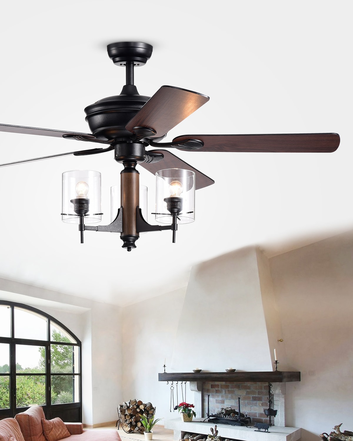 Home Accessories Glass Pillar Chandelier Ceiling Fan In Brown