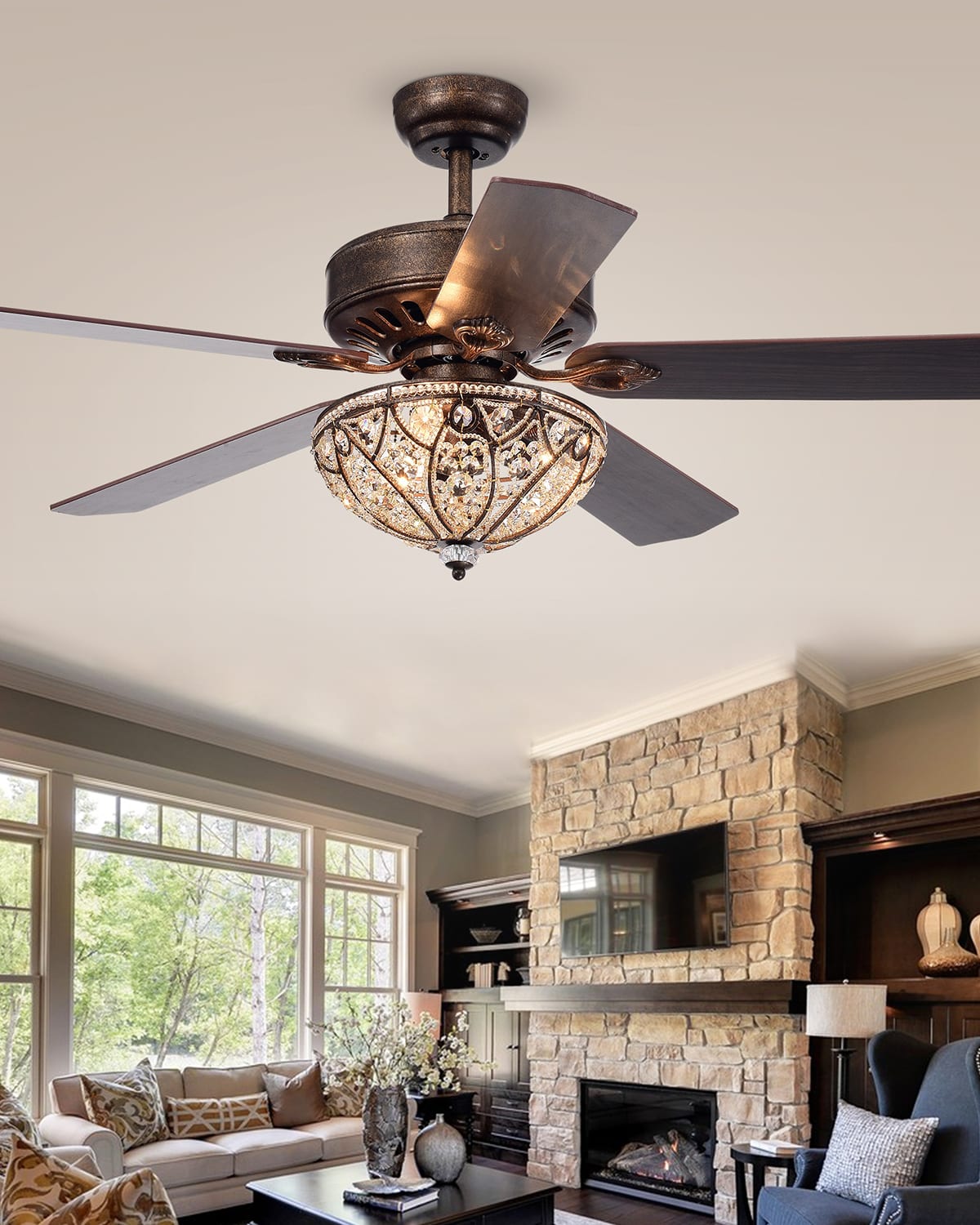 Home Accessories Speckled Bronze Crystal Chandelier Ceiling Fan In Brown