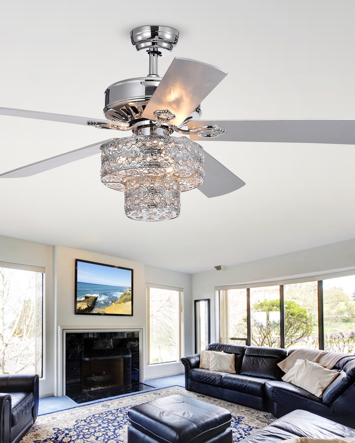 Home Accessories Two-tier Embedded Crystal Chandelier Ceiling Fan In Metallic
