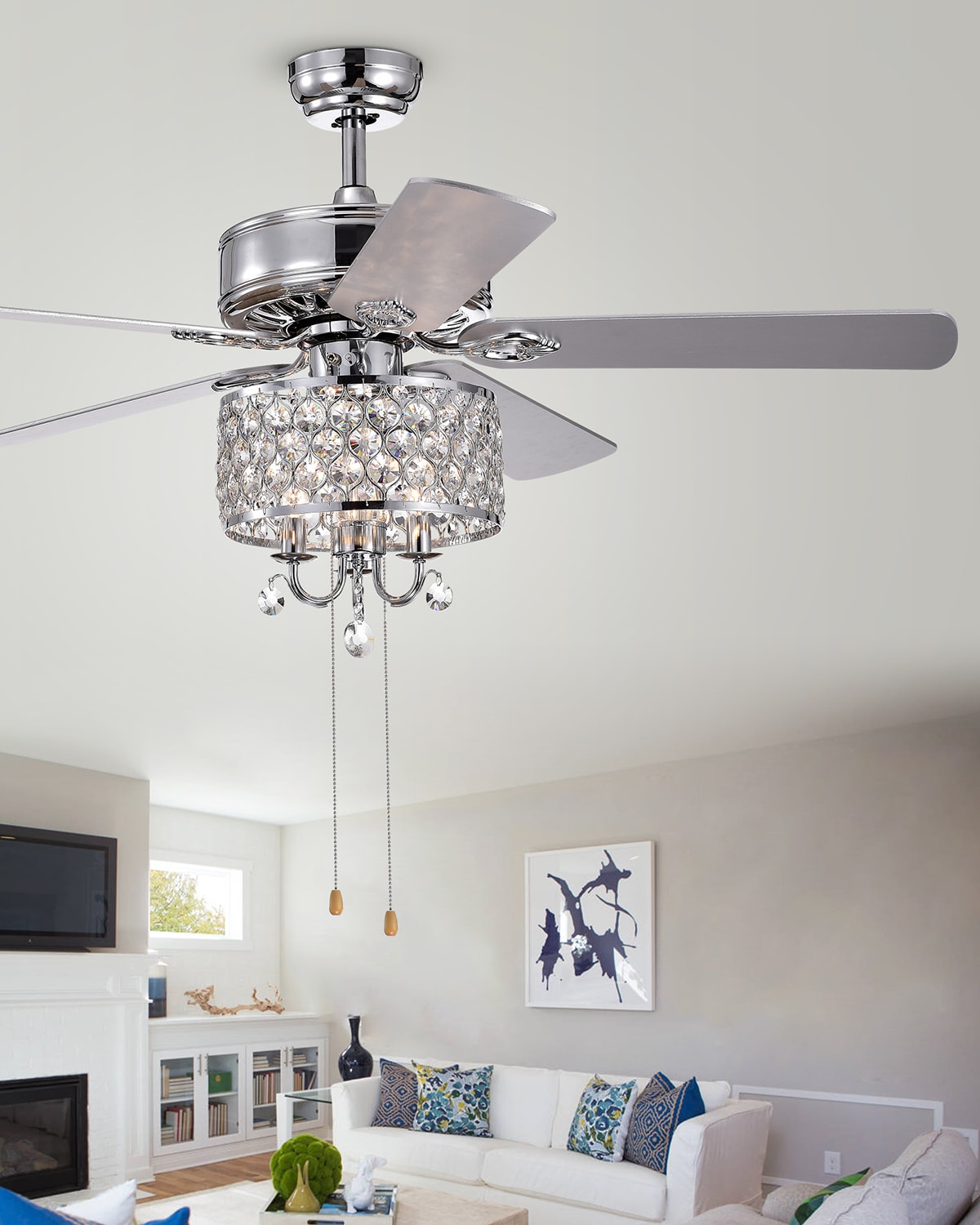 Home Accessories Round Crystal Chandelier Ceiling Fan In Metallic