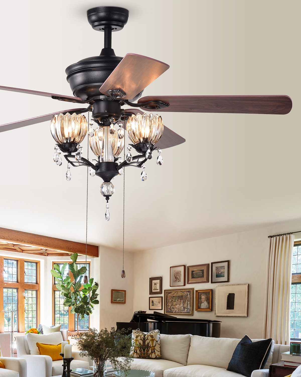 Home Accessories 3-light Crystal Drop Chandelier Ceiling Fan In Black