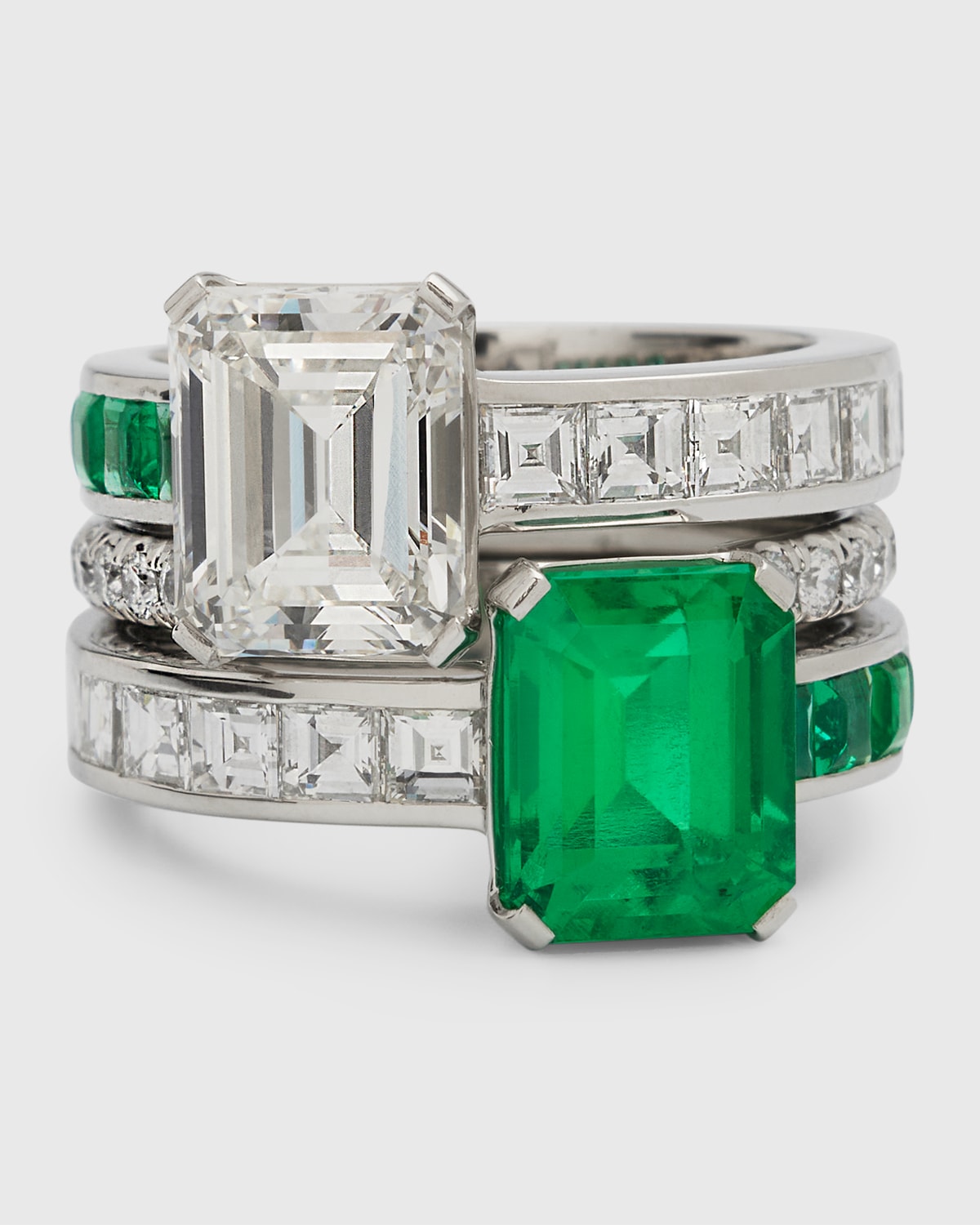 Platinum Emerald and Diamond Stacked Ring, Size 6