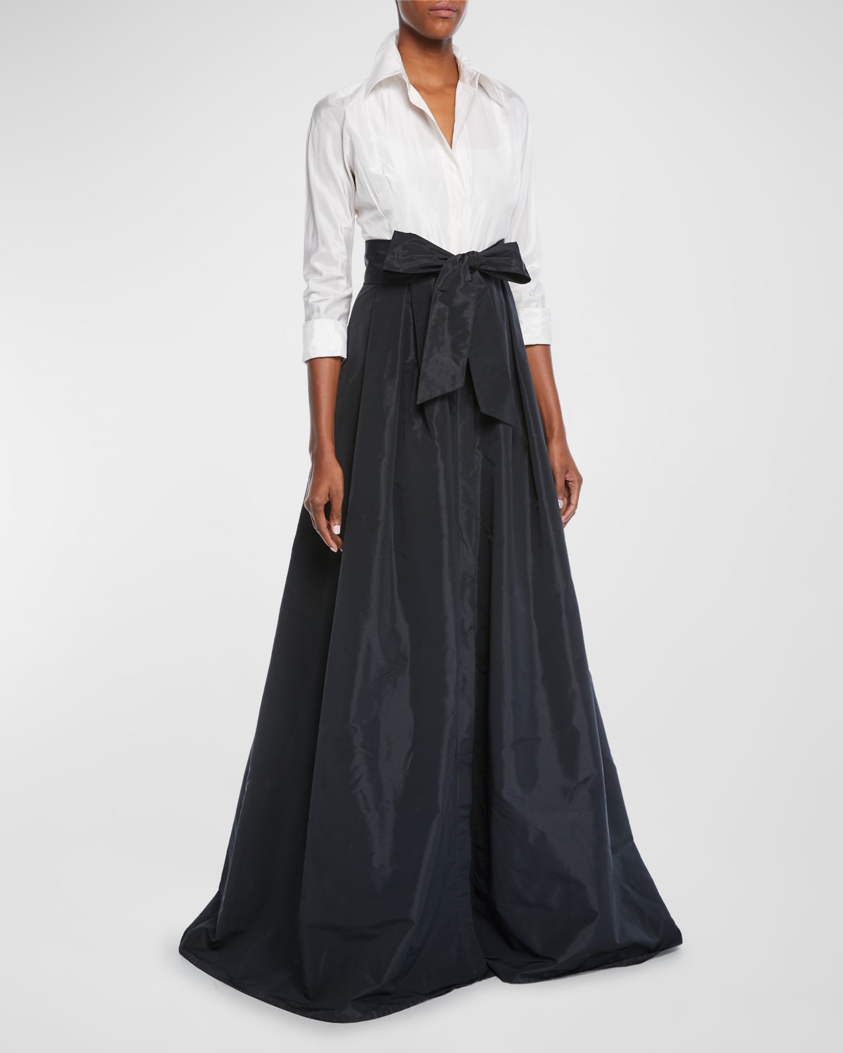 Two-Tone 3/4-Sleeve Taffeta Shirtdress Gown