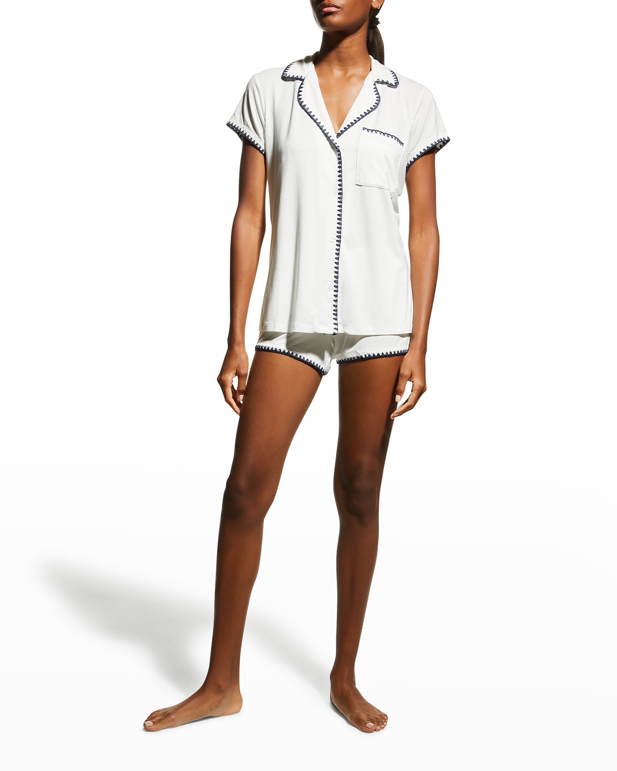 Eberjey Gisele Printed Relaxed Jersey Knit Short Pajamas In Ivory / Navy