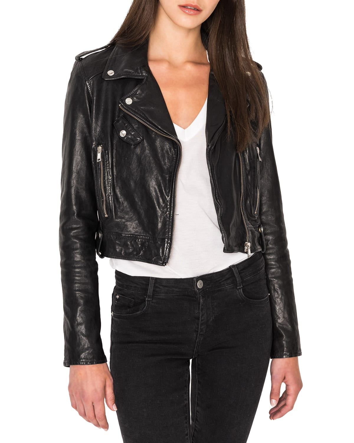 Ciara Cropped Leather Moto Jacket