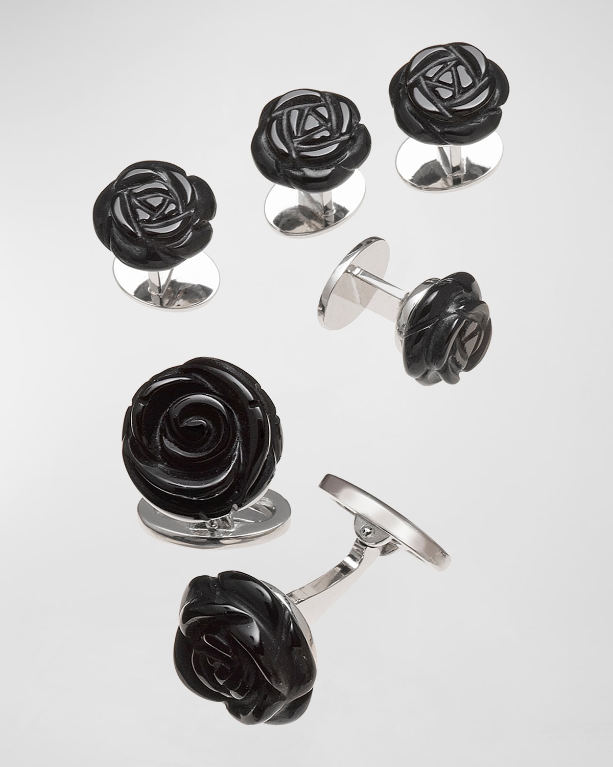 Onyx Carved Rose Tuxedo Cuff Link and Stud Set