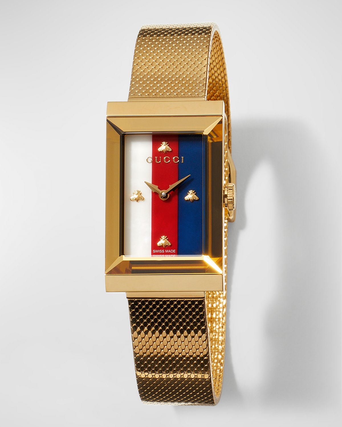Gucci G-frame Rectangular Mother-of-pearl Watch W/ Mesh Strap, Gold