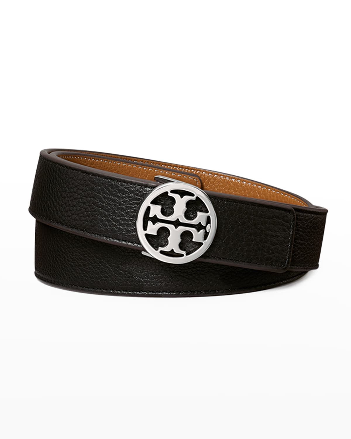 Shop Tory Burch Reversible 1" Logo-buckle Belt In Black Tan Silver