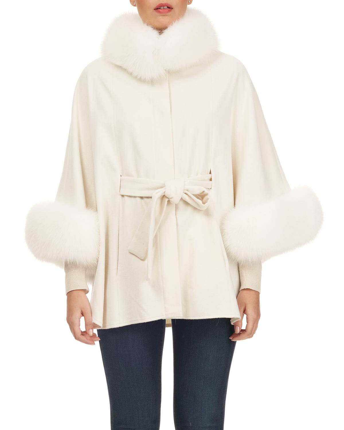 Gorski Cashmere Belted Cape W/ Fur Collar Cuffs In Ivory ModeSens