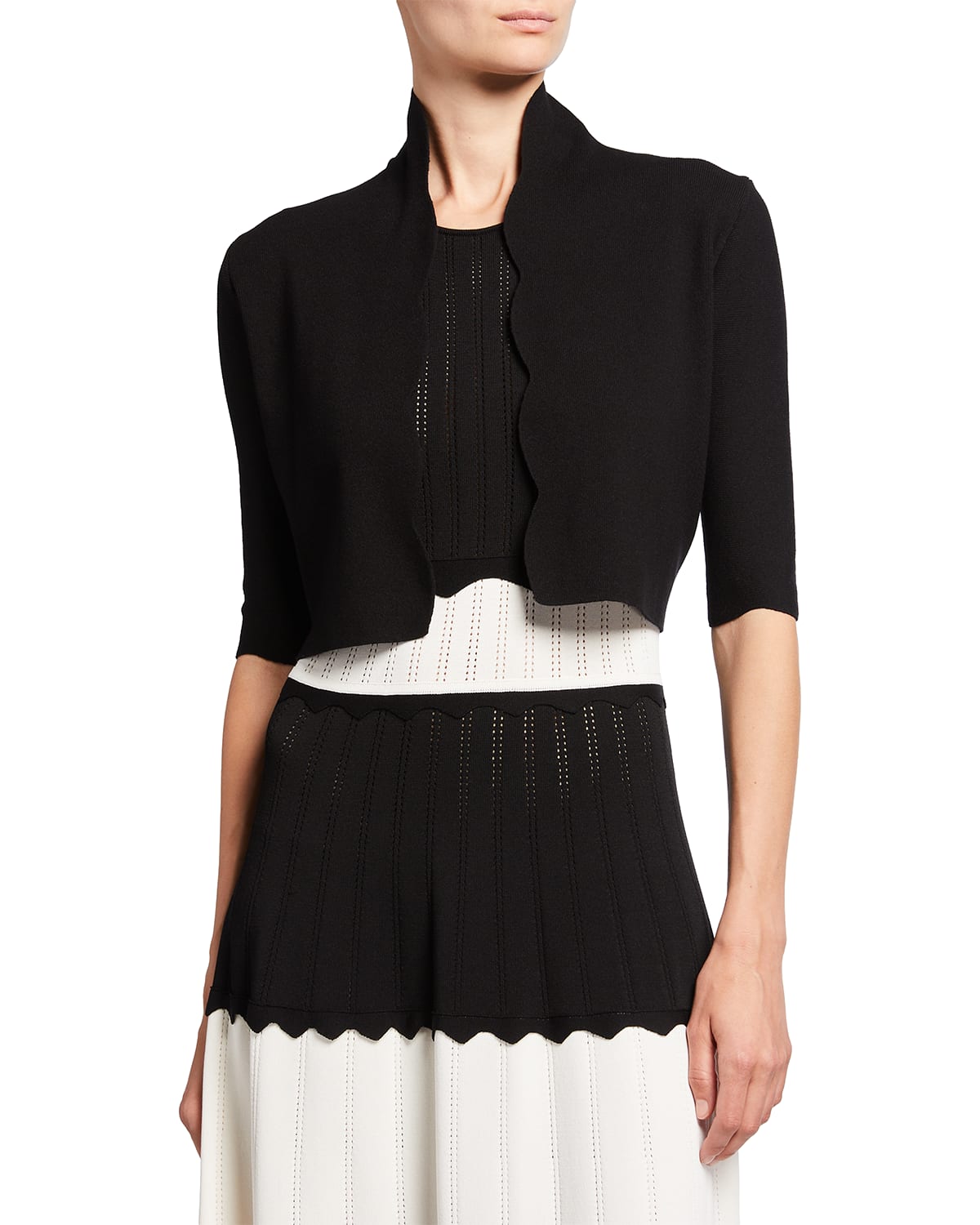 Lela Rose Scallop-trimmed Knit Bolero In Black