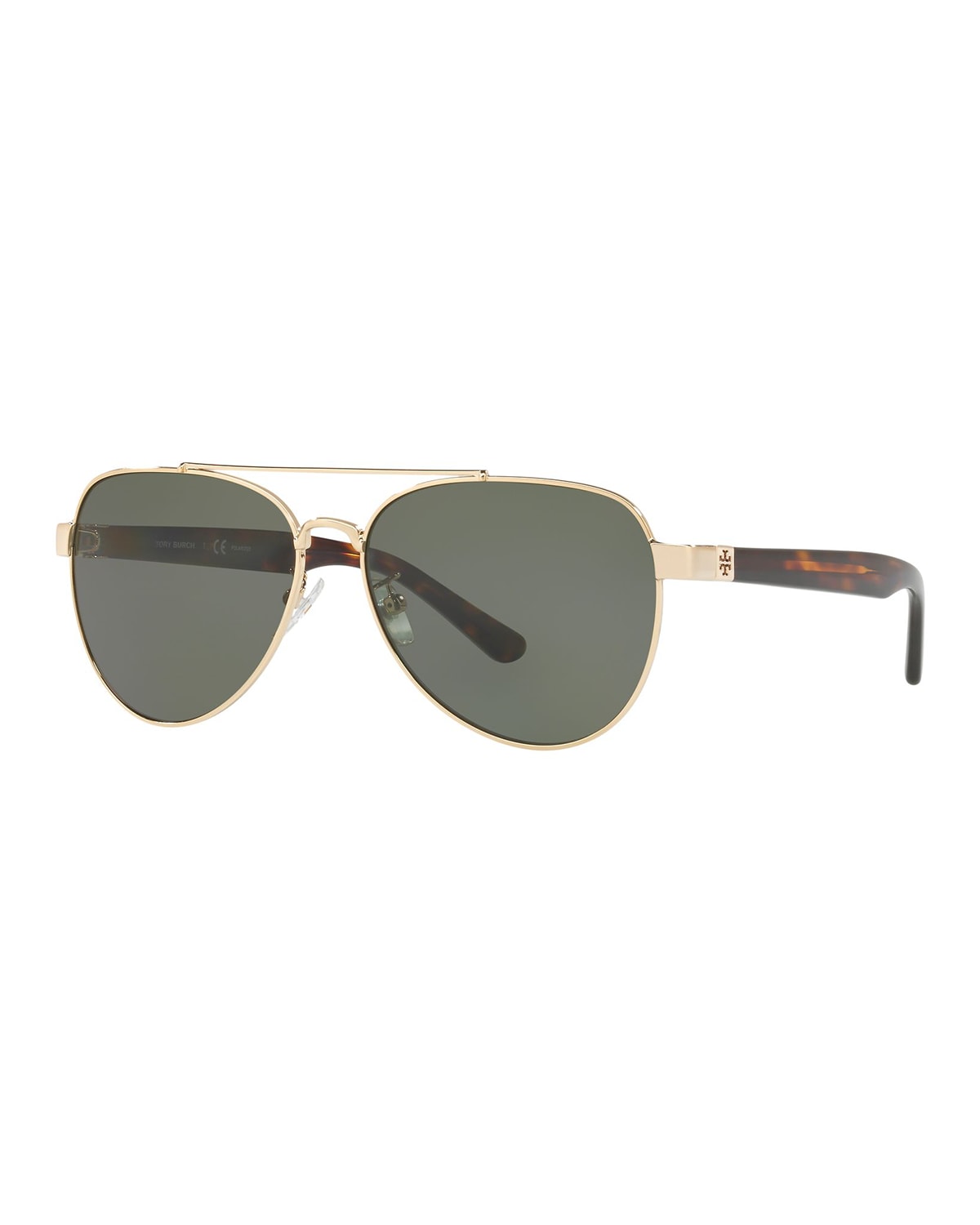 Tory Burch Polarized Metal Aviator Sunglasses In Green / Gold