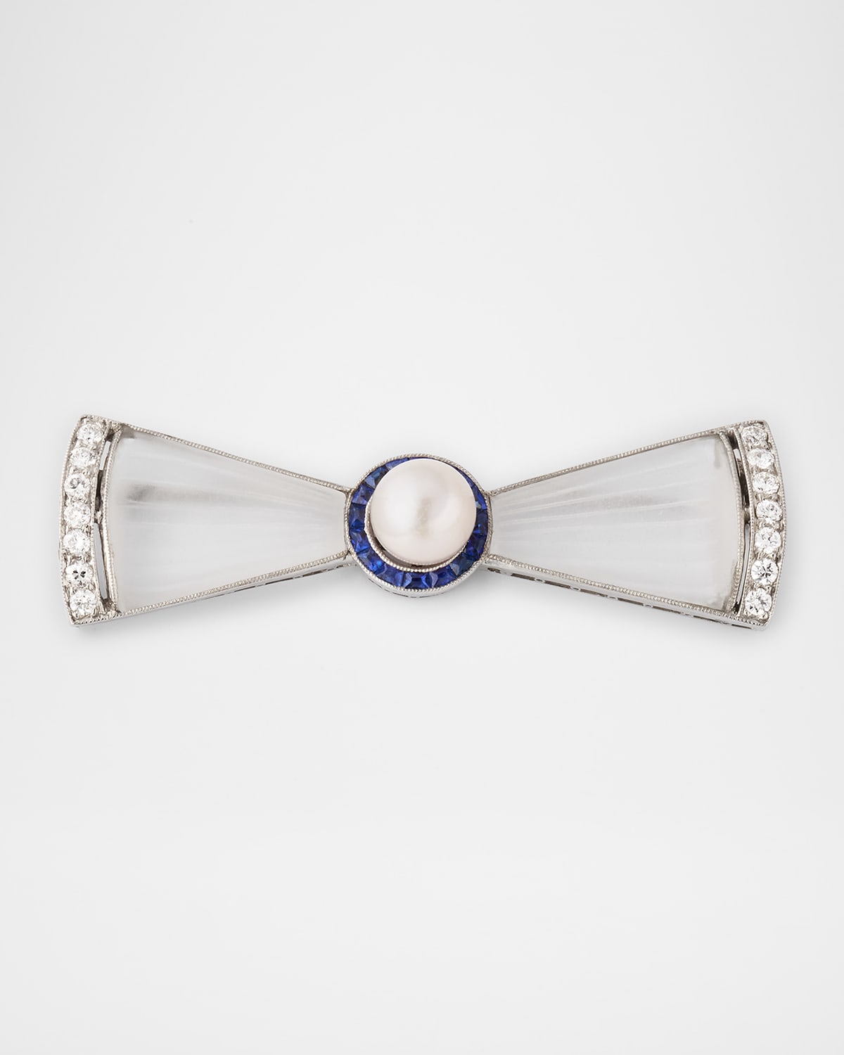 Estate Platinum Diamond and Pearl Bow Pin with Sapphires