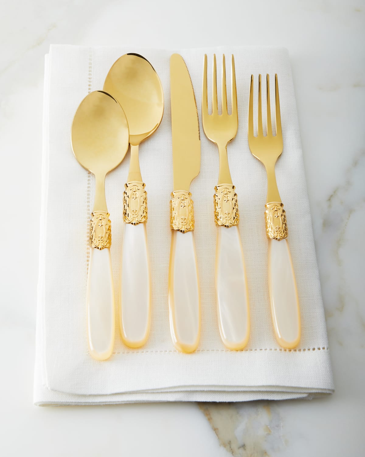 Shop Neiman Marcus 20-piece Victoria Shine Flatware Set, Gold In Champagne