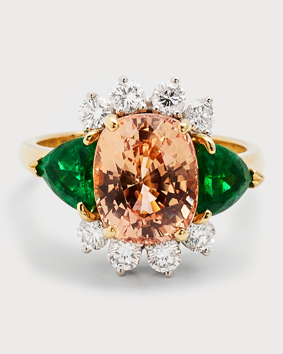 Estate 18K Yellow Gold Orange Sapphire, Trillion Emerald and Diamond 3-Stone Ring, Size 6.5