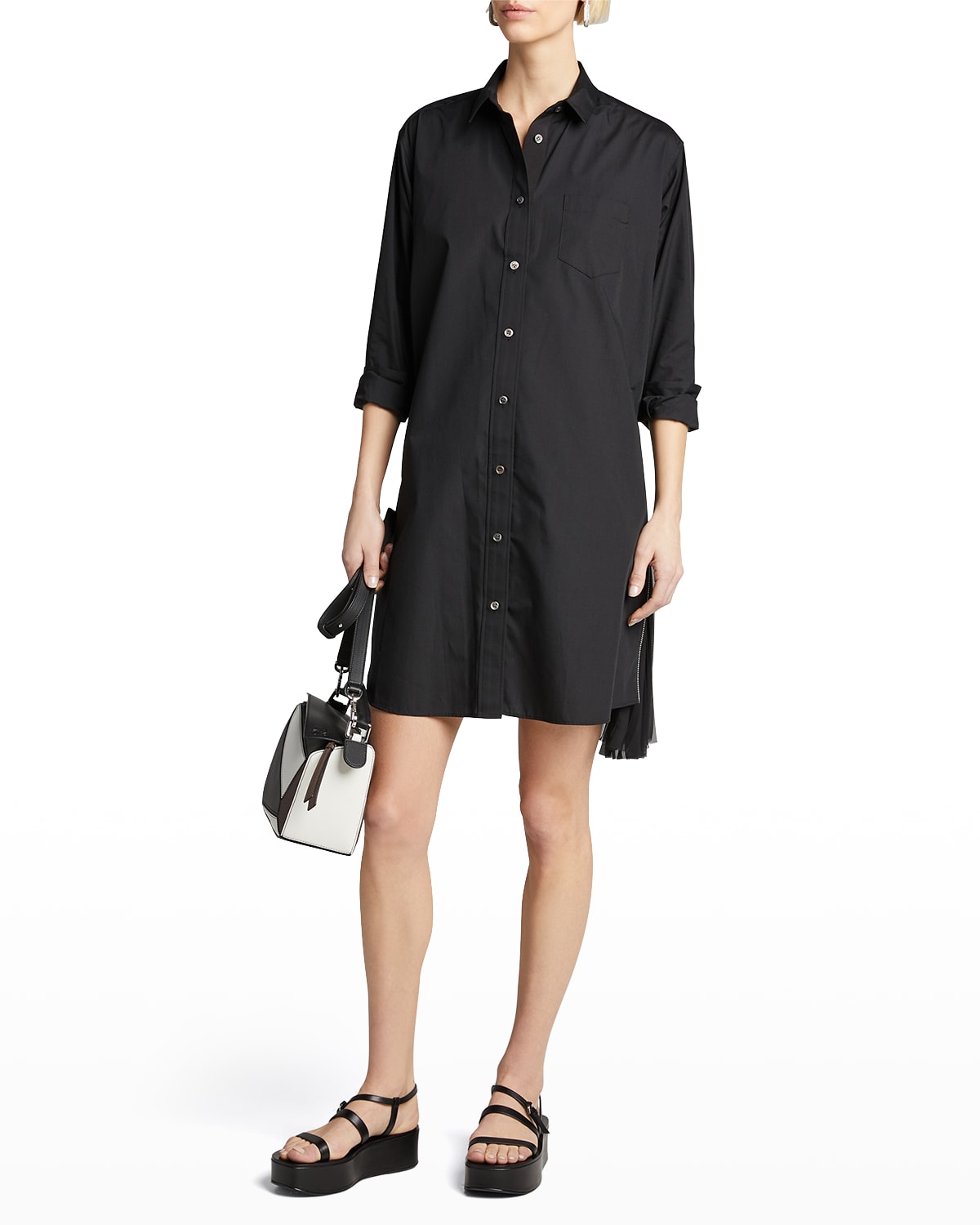 Shop Sacai Pleated-side Long Button-front Shirtdress In Black