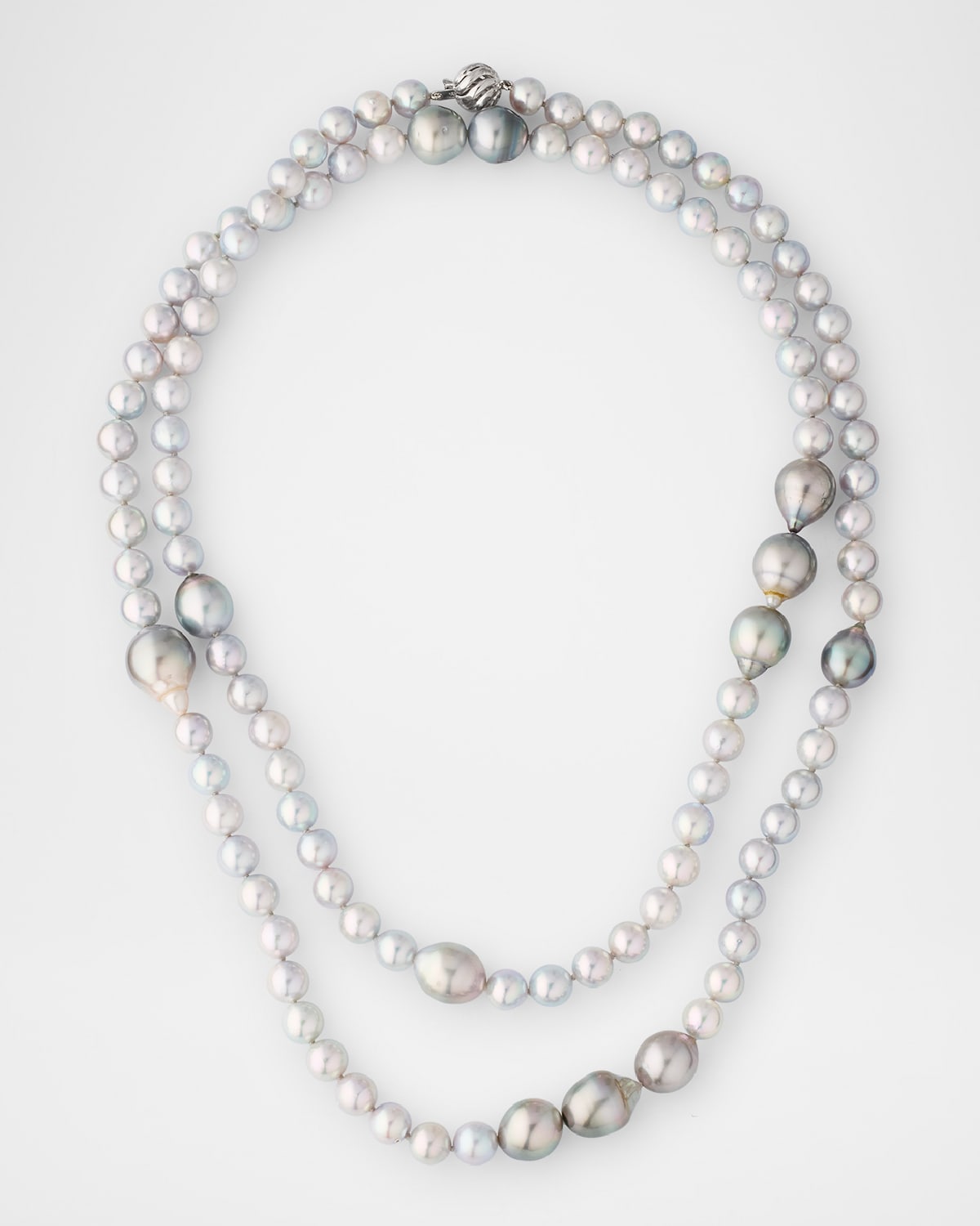 18k White Gold Long Silver, Blue & Gray Pearl Necklace, 40"L