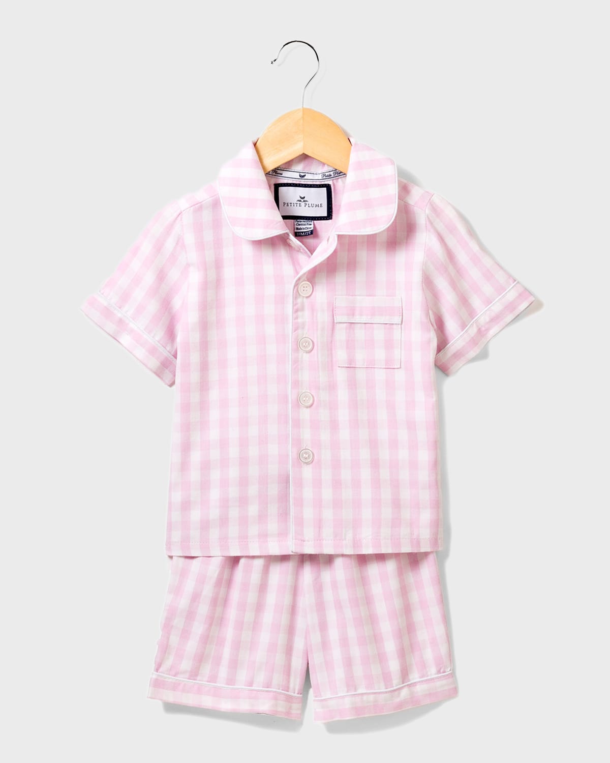 Kid's Gingham Pajama Set w/ Contrast Piping, Size 6M-14
