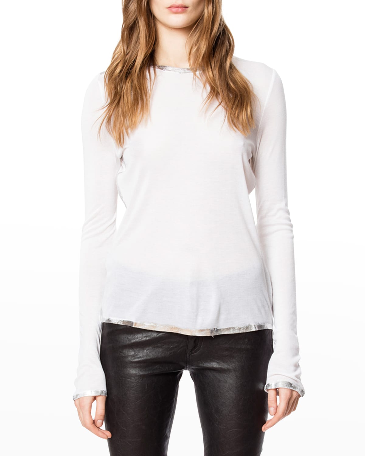 ZADIG & VOLTAIRE WILLY SILVER FOIL TRIM LONG-SLEEVE T-SHIRT,PROD221350525