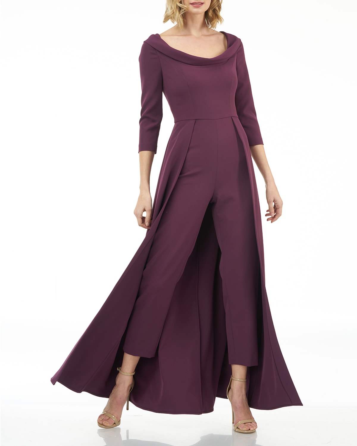 Kay Unger Walk Thru Boat-neck 3/4-sleeve Jumpsuit W/ Crepe Overlay ...