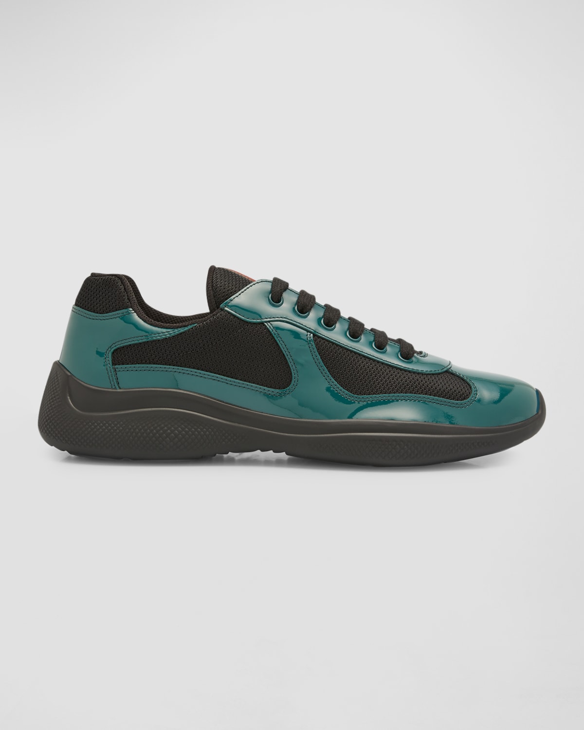 Prada Men's America's Cup Patent Leather Patchwork Sneakers In Petrol Nero