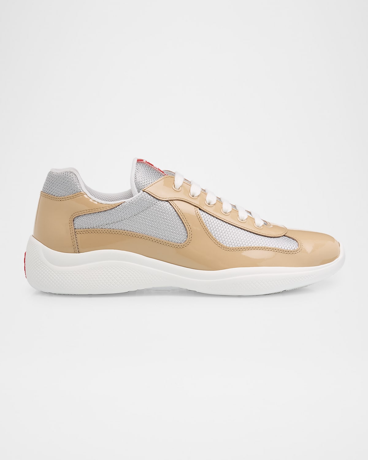 Shop Prada Men's America's Cup Patent Leather Patchwork Sneakers In Sand Silver