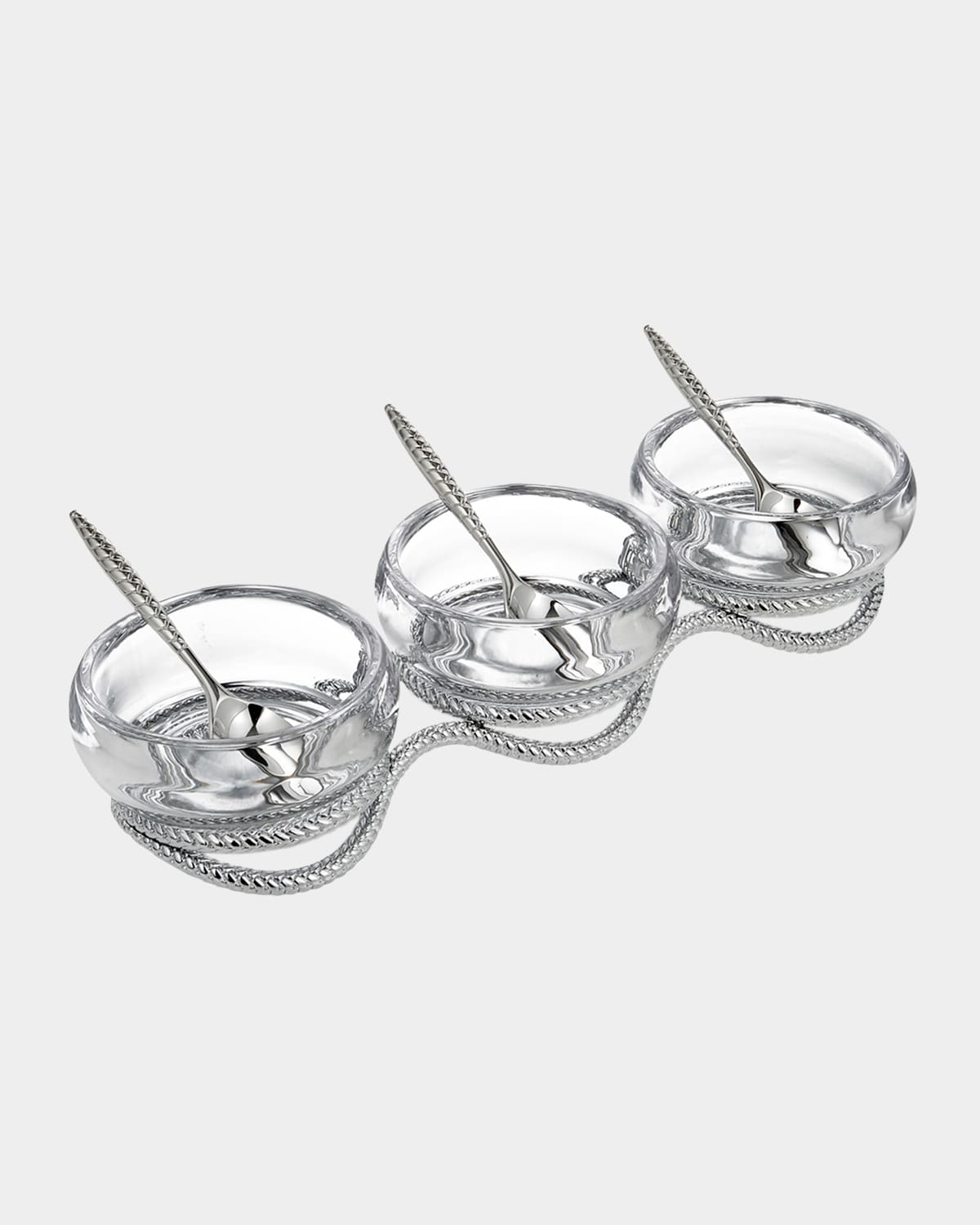 Nambe Braid Triple Condiment Set With Spoons In Silver And Clear