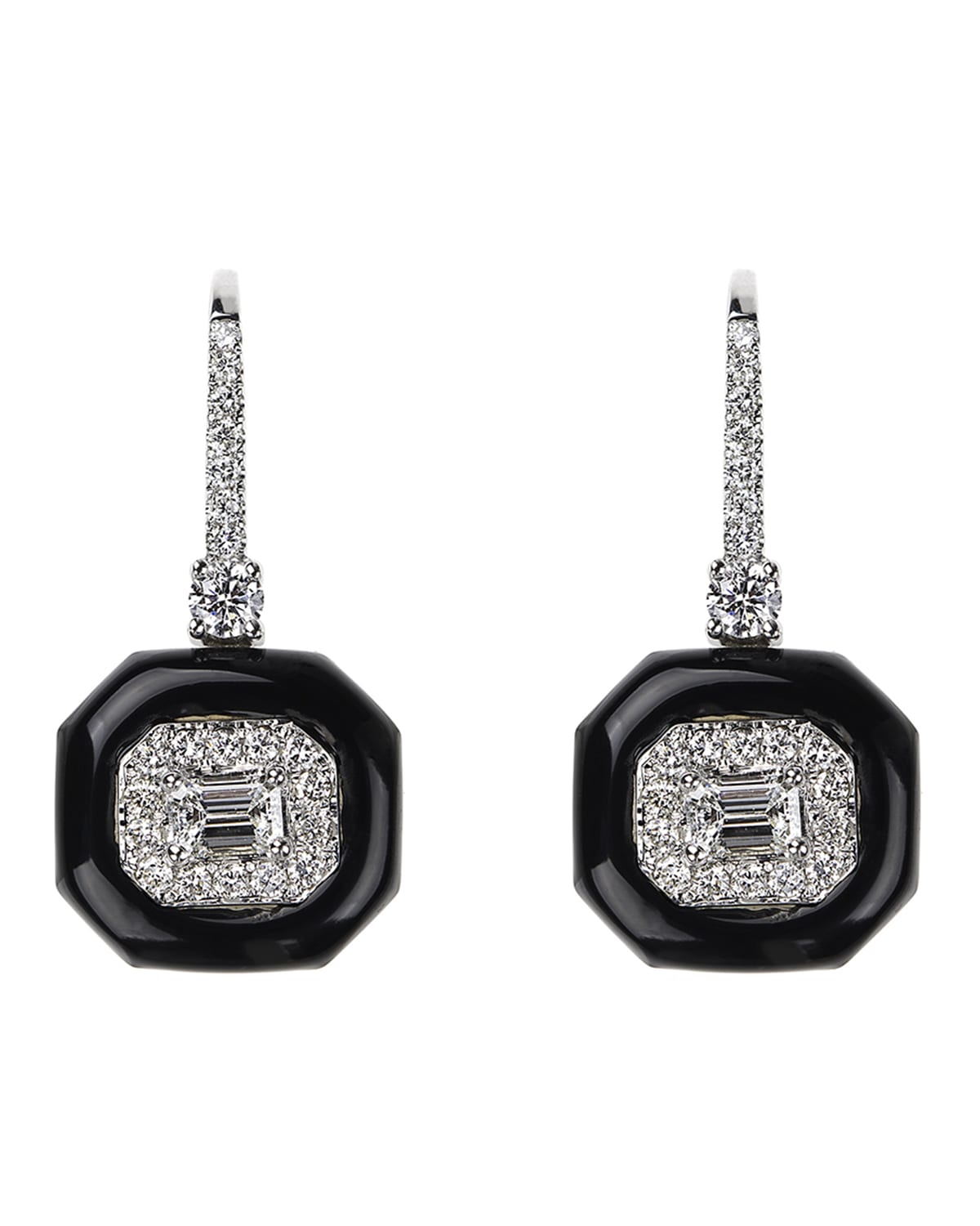Oui 18k White Gold Diamond & Black Enamel Drop Earrings