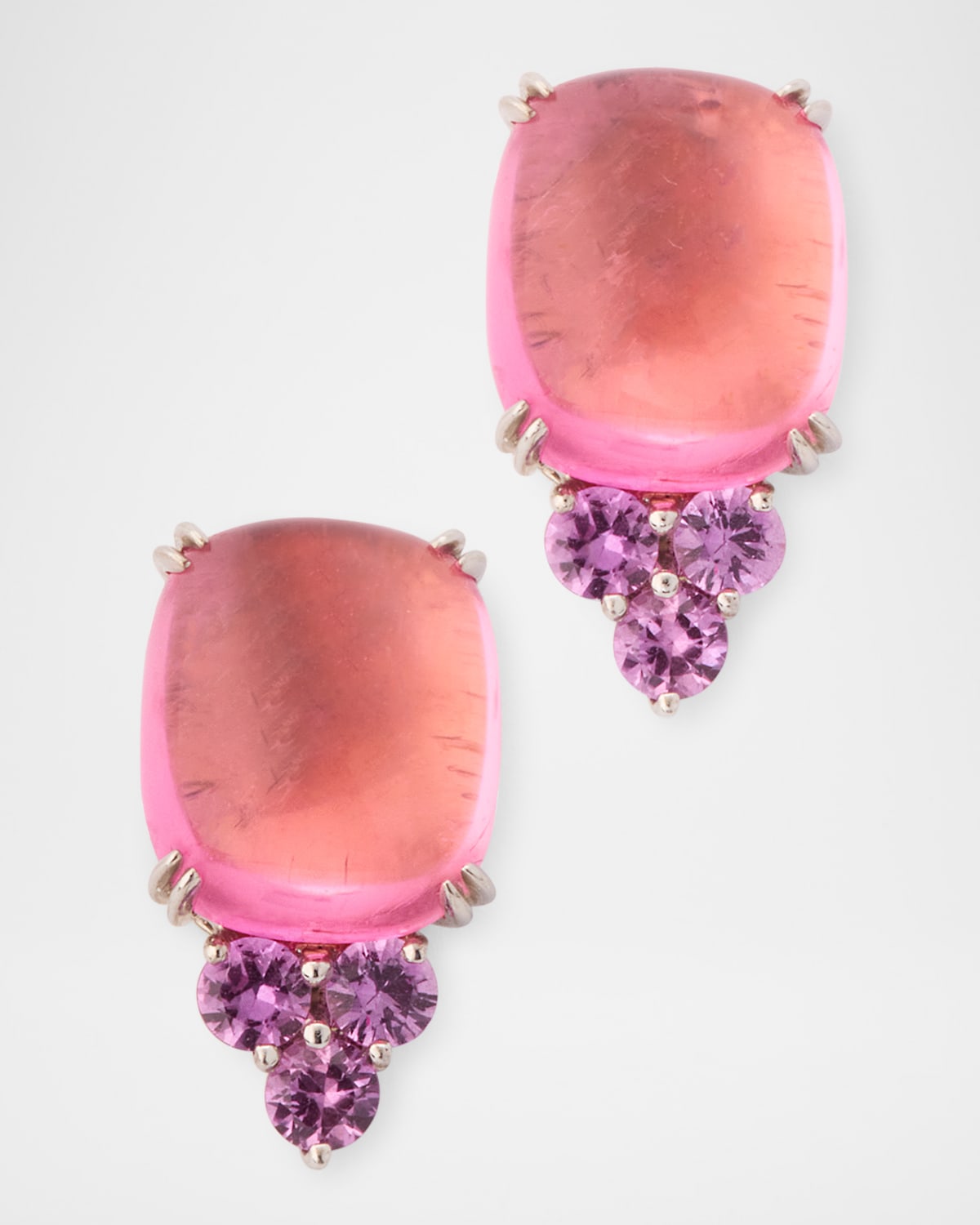 18K White Gold Pink Tourmaline Cabochon and Pink Sapphire Earrings