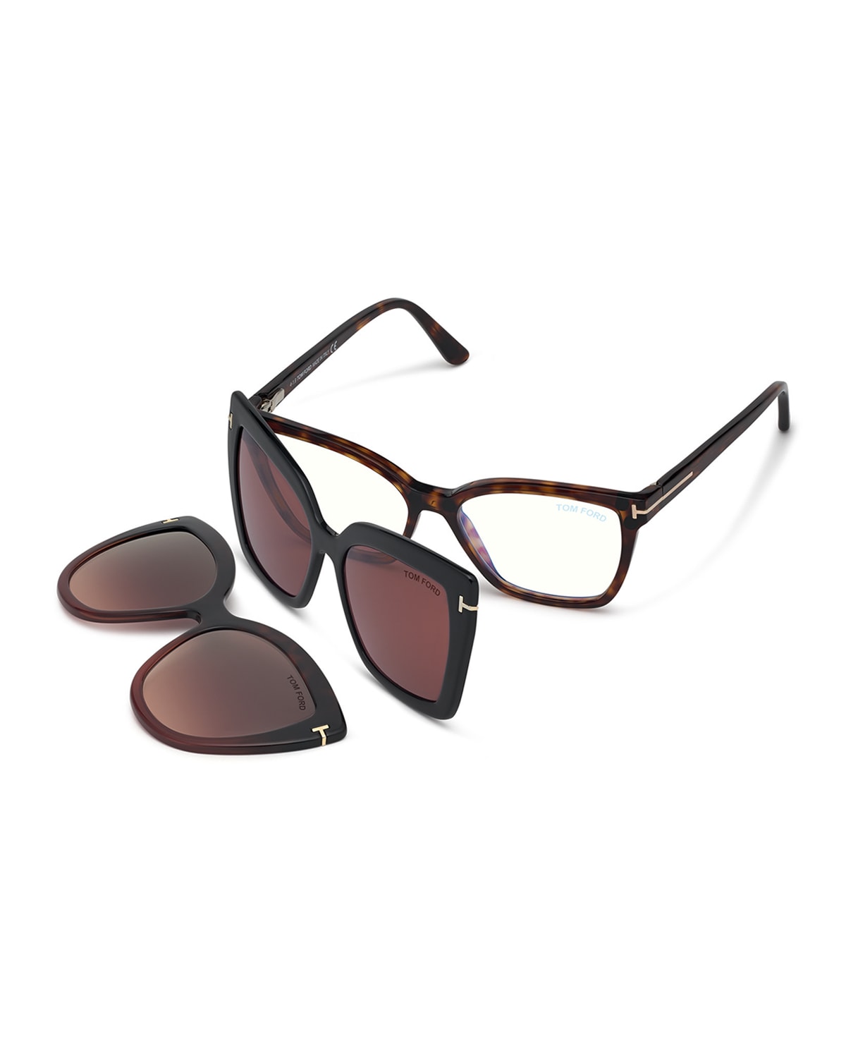 Tom Ford Square Blue-block Optical Frames W/ Two Magnetic Sunglasses Clips In Red