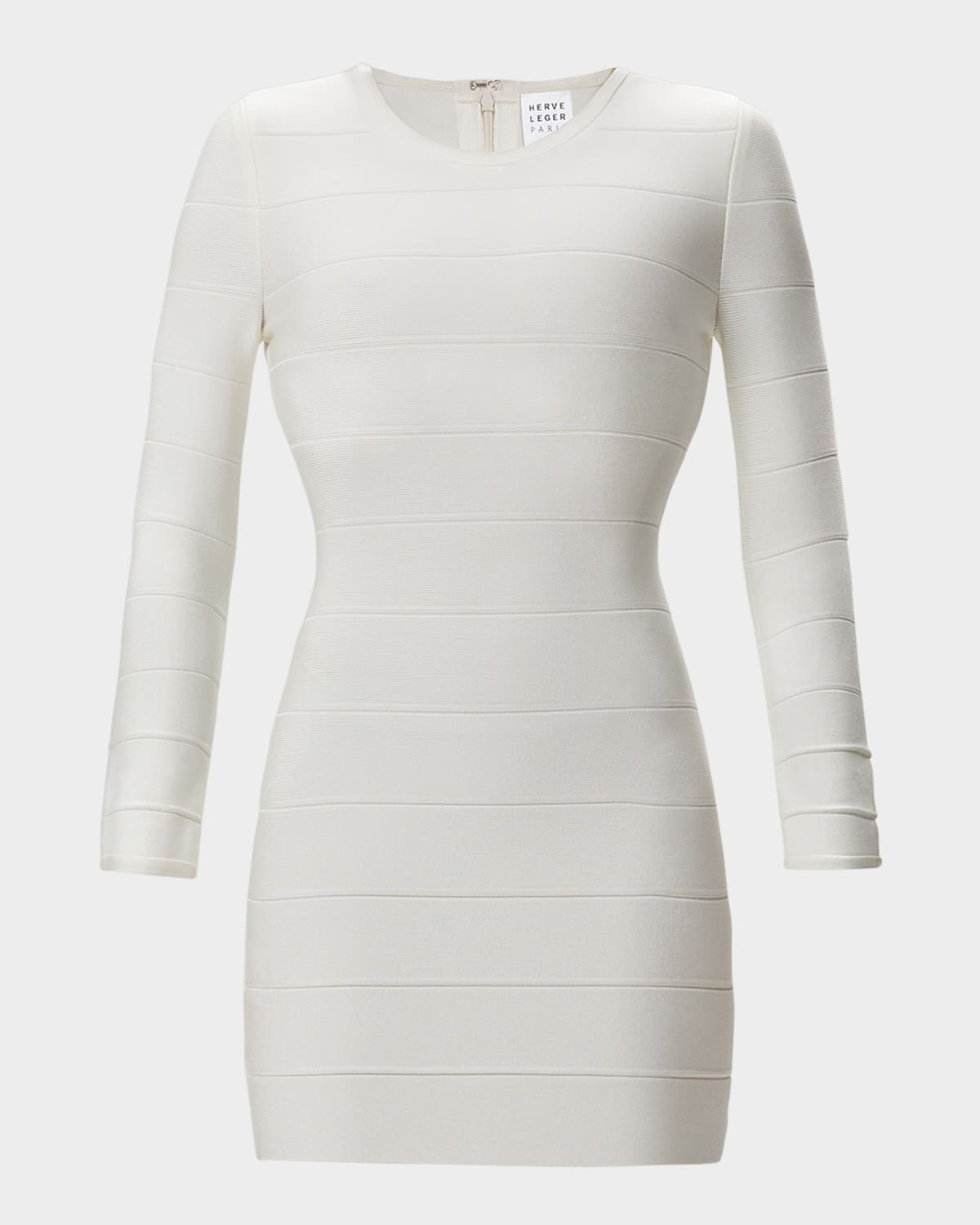 Herve Leger Crewneck Long-sleeve Short Ponte Dress In White