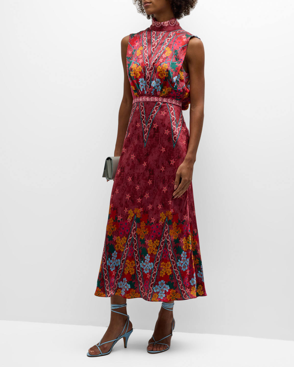 Saloni Fleur Silk Tie-back Midi Dress In Hibiscus Flourish
