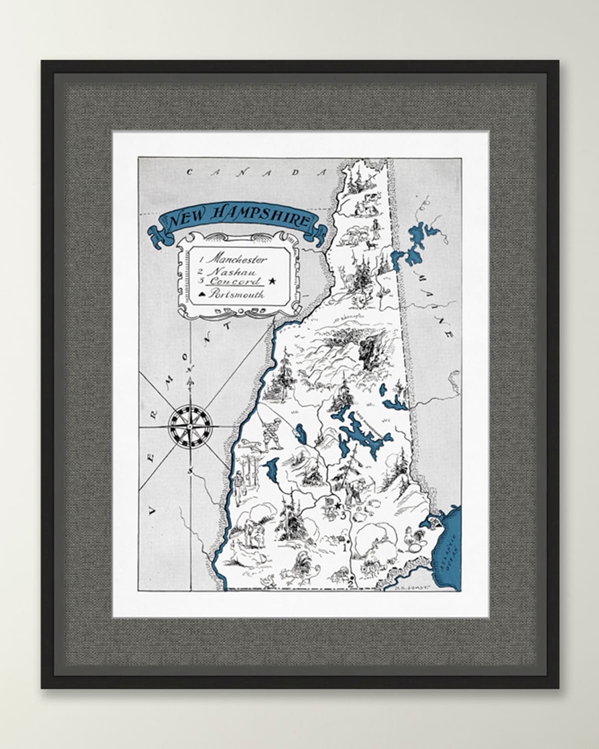 Wendover Art Group Pictorial Map Of New Hampshire In Gray
