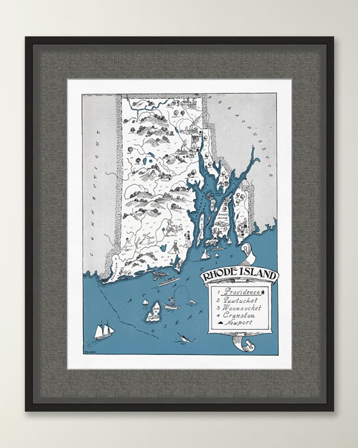 Wendover Art Group Pictorial Map Of Rhode Island In Gray