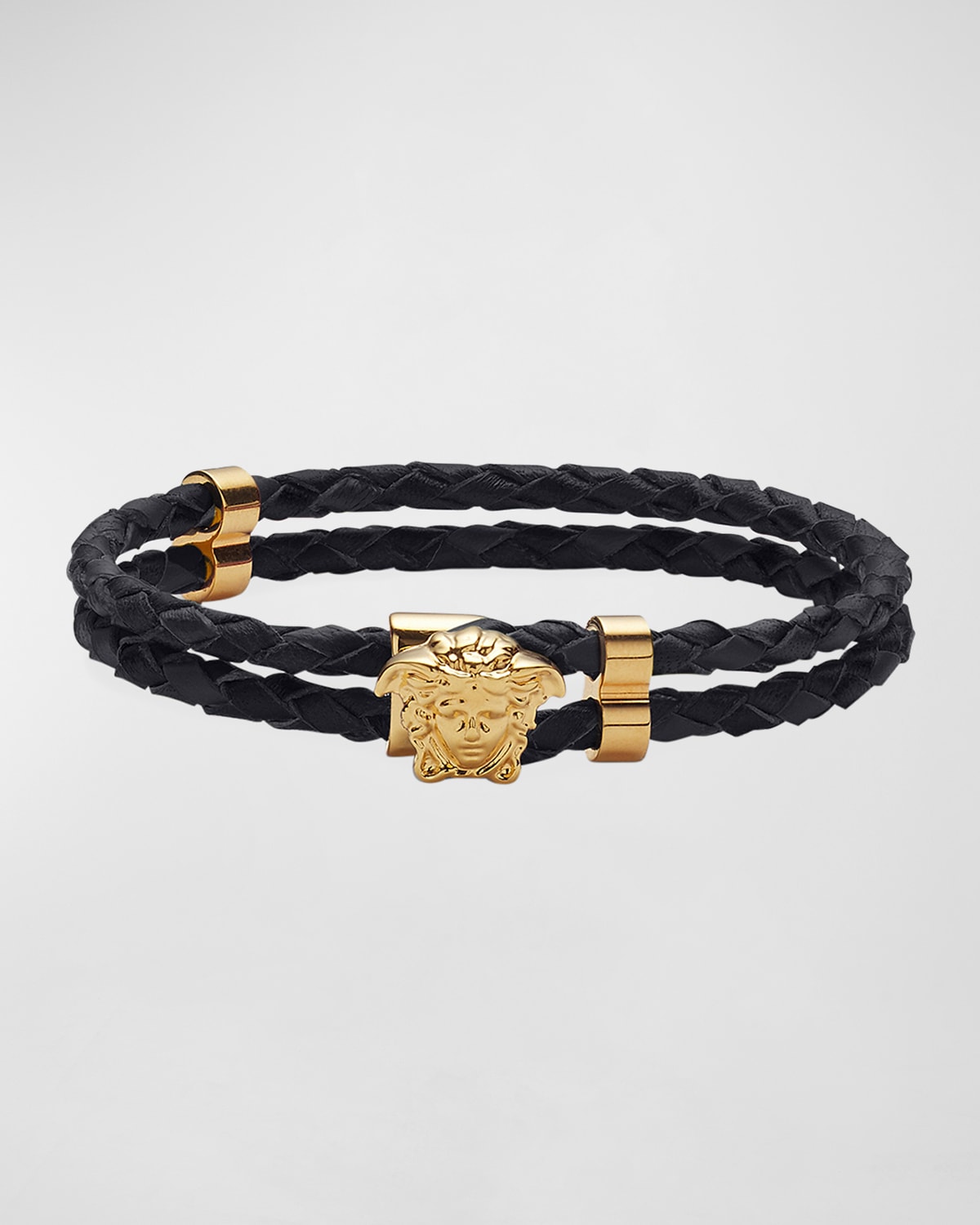 Versace Men's Medusa Two-row Braided Leather Bracelet In Navy Blue Gold