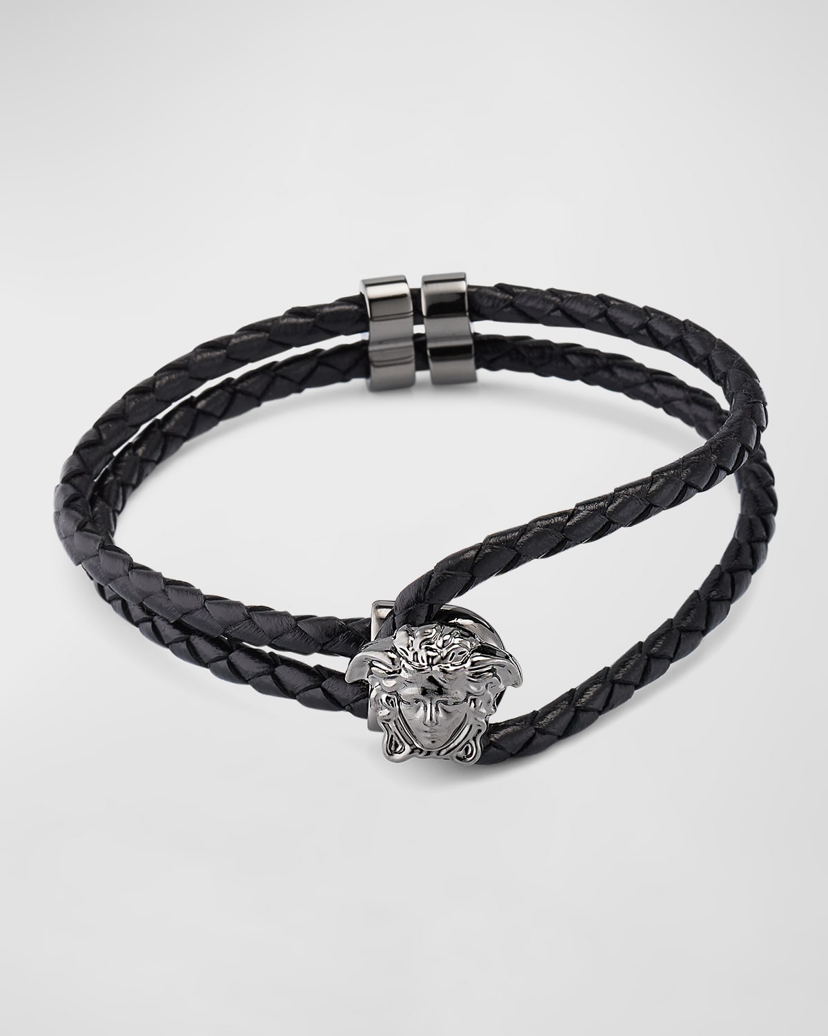 Versace Men's Medusa Two-row Braided Leather Bracelet In Black Ruthenium