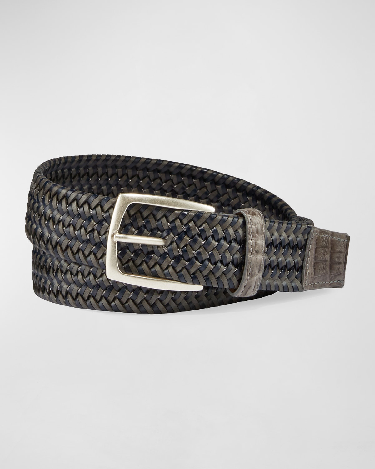 W. Kleinberg Men's Woven Leather Stretch Belt With Crocodile Trim In Slate