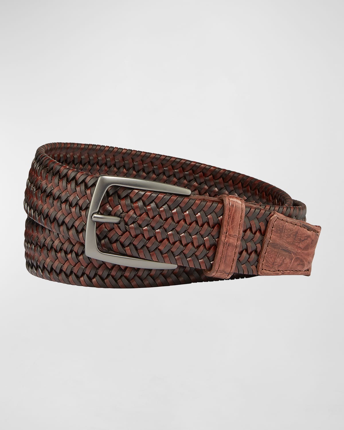 Shop W. Kleinberg Men's Woven Leather Stretch Belt With Crocodile Trim In Cigar