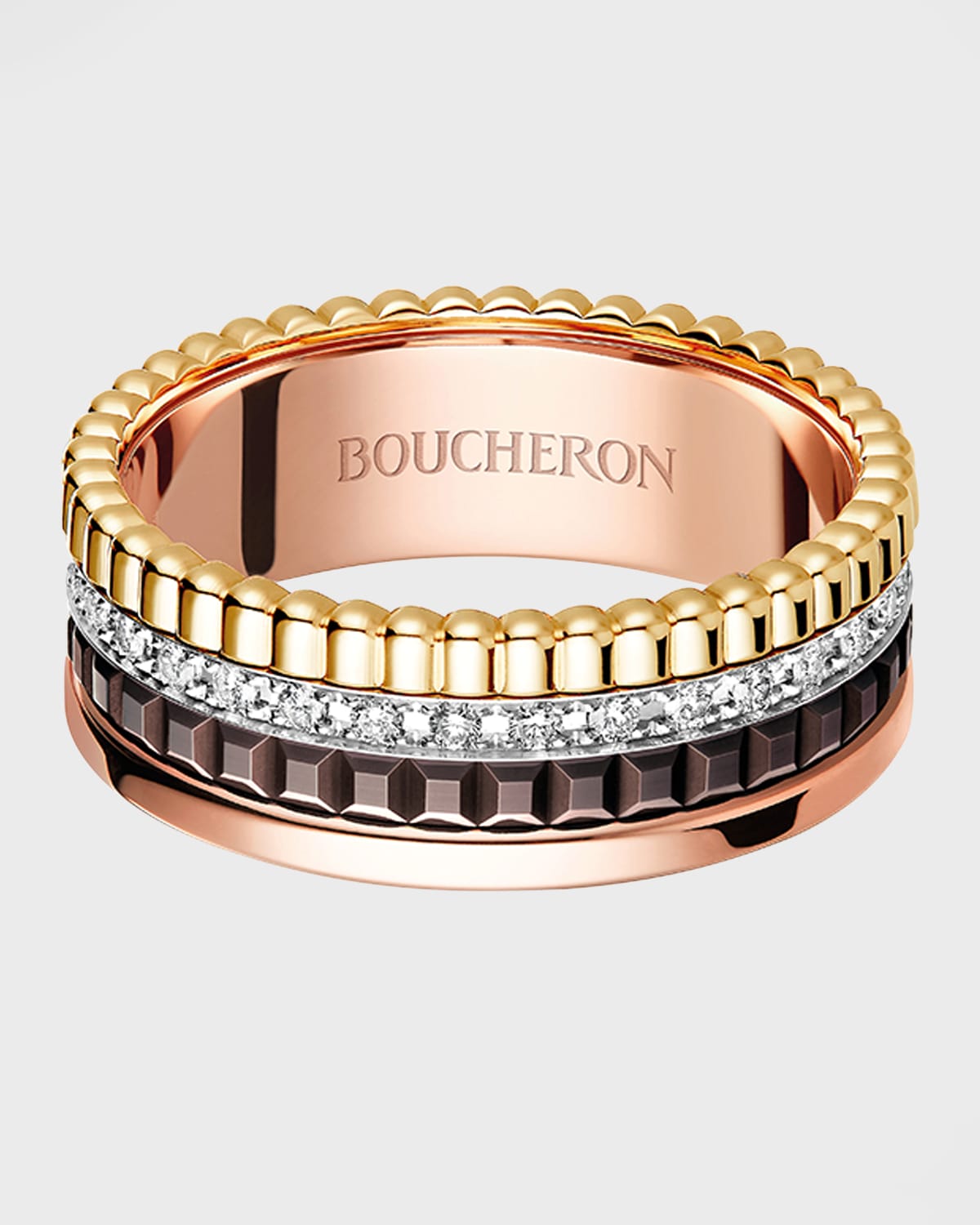 BOUCHERON QUATRE CLASSIQUE SMALL RING IN TRICOLOR GOLD WITH BROWN PVD AND DIAMONDS, EU 55 / US 7.25
