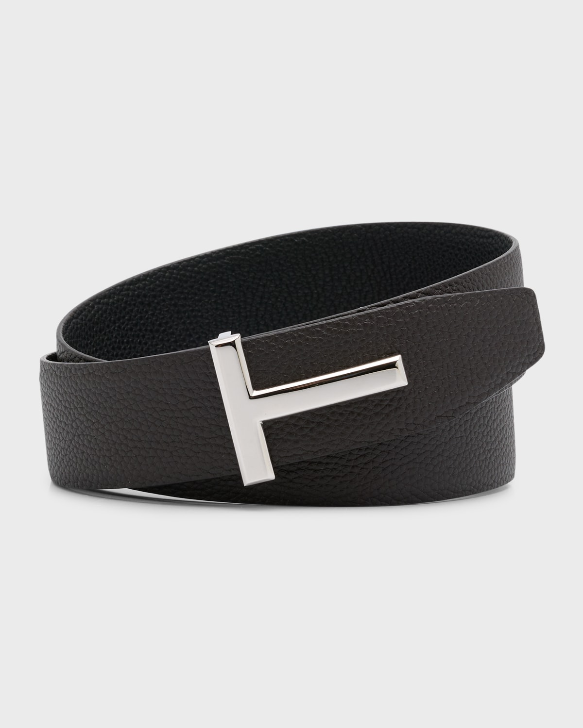 Shop Tom Ford Men's Signature T Reversible Leather Belt In Brown