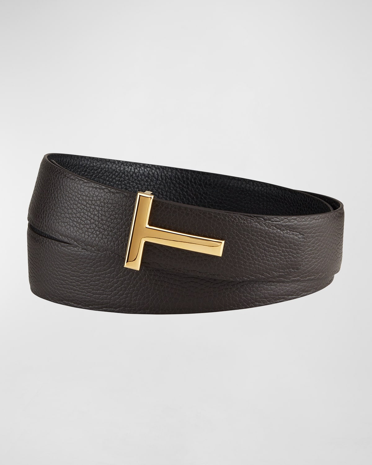 Shop Tom Ford Men's Signature T Leather Belt In Brown / Black