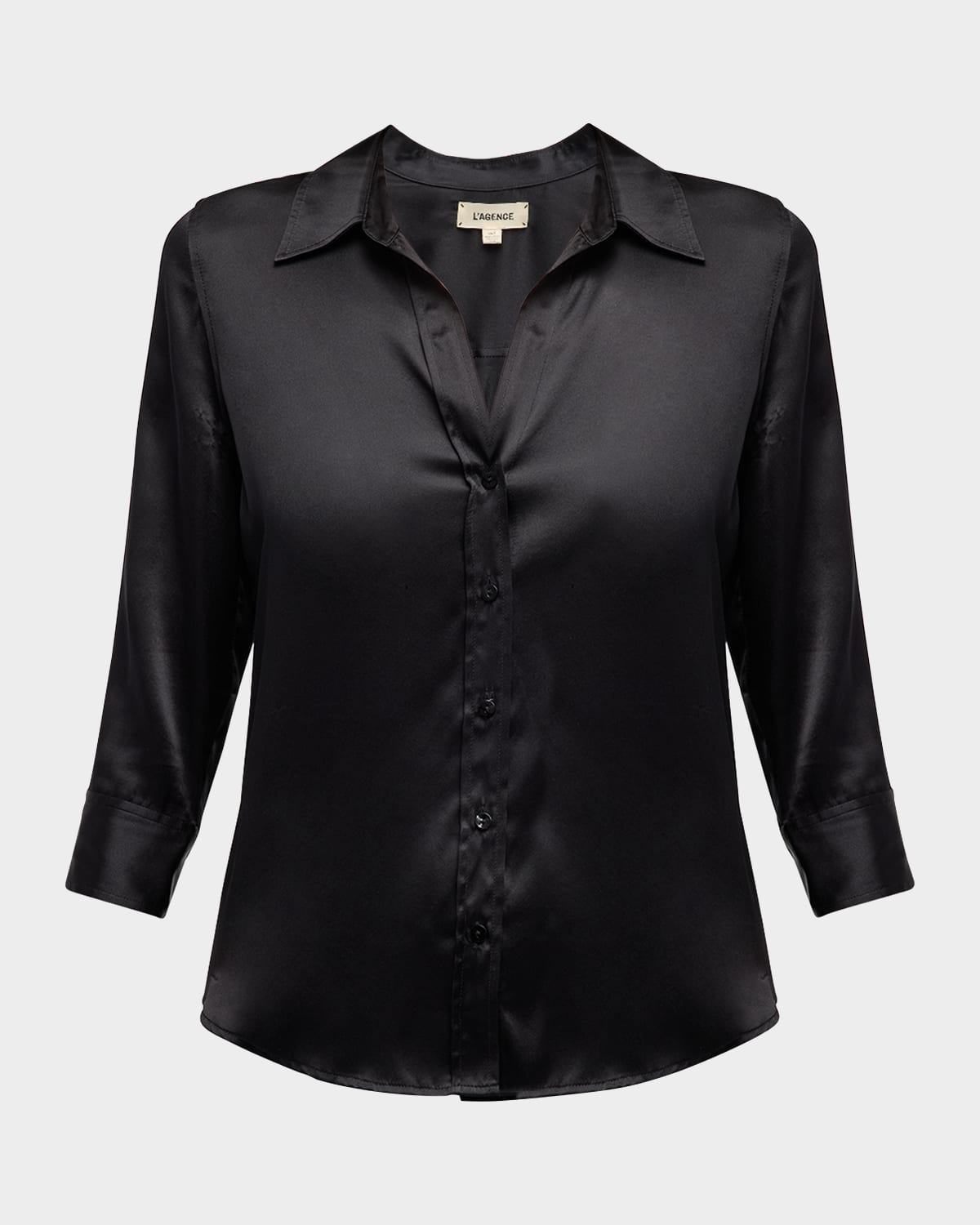 Shop L Agence Dani Silk Satin 3/4-sleeve Button-down Blouse In Black