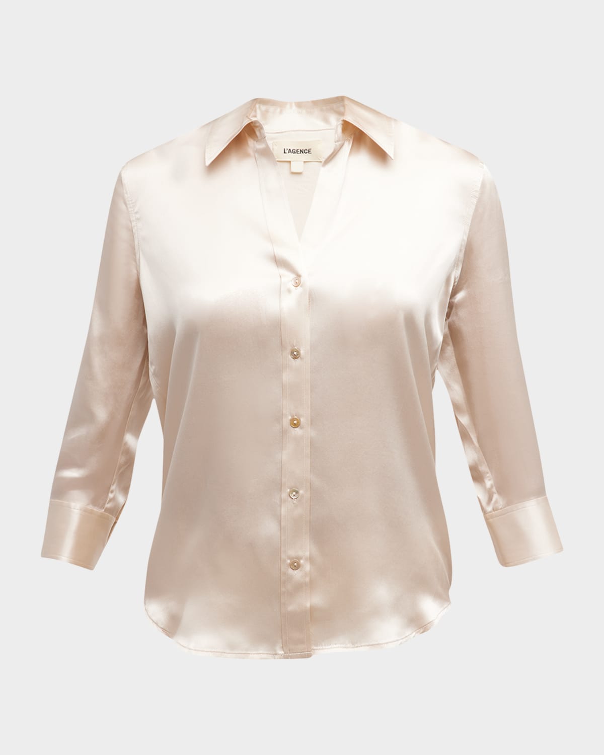 Shop L Agence Dani Silk Satin 3/4-sleeve Button-down Blouse In Beige