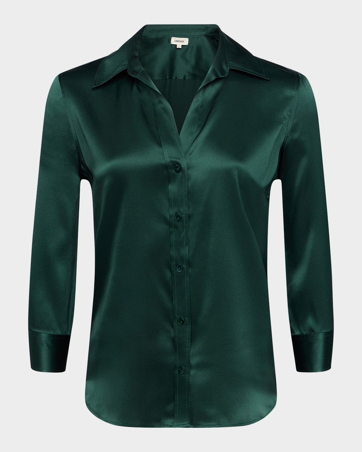 L'agence Dani Silk Satin 3/4-sleeve Button-down Blouse In Forest Green