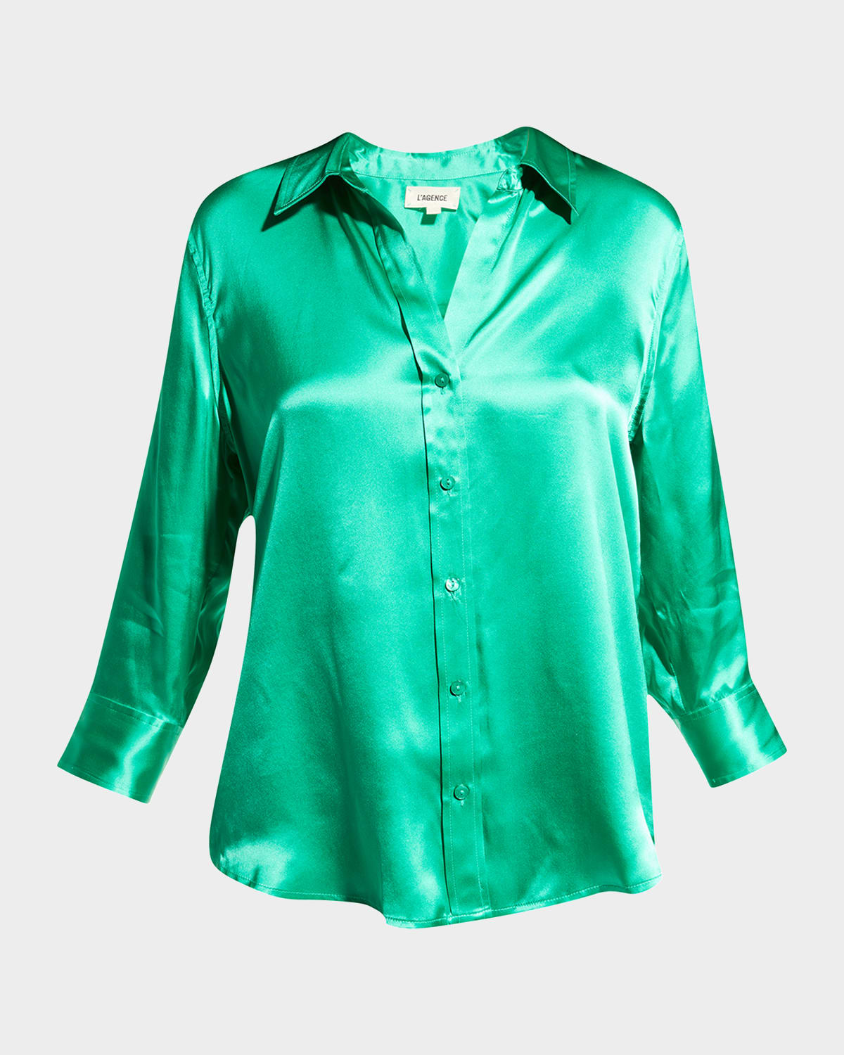 L'agence Dani Silk Satin 3/4-sleeve Button-down Blouse In Jade